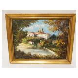 1252	OIL PAINTING ON CANVAS OF CASTLE SCENE, APPROXIMATELY 14 IN X 18 IN