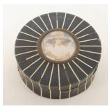 1272	ANTIQUE WOOD & CELLULOID ROUND DRESSER BOX W/PORTRAIT ON HINGED LID, SOME LOSS TO INLAY, APPROX