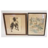 1280	FRAMED ASIAN CHARACTER SIGNED PRINT & DRAWING, LARGEST APPROXIMATELY 16 IN X 17 IN