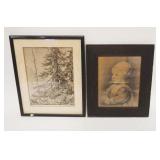 1282	LOT ANTIQUE PRINT OF CHILD & ENGRAVING OF FORREST, LARGEST APPROXIMATELY 12 IN X 15 IN