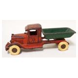 1123	ANTIQUE CAST IRON TOY DUMP TRUCK, APPROXIMATELY 2 1/2 IN X 8 IN X 3 IN