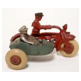1129	ANTIQUE CAST IRON TOY MOTORCYLE W/SIDE CAR, APPROXIMATELY 5 IN X 3 IN HIGH