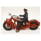 1135	ANTIQUE TOY CAST IRON LARGE MOTORCYCLE W/POLICE, PARTIAL INDIAN MOTORCYCLE DECAL ON TANK W/ROMO