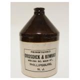 1009	ANTIQUE PHILLIPSBURG NJ BROWN 2 TONE JUG *DROSDICK & KONRAD* SOME HAIRLINES, APPROXIMATELY 9 1/