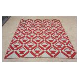 1039	ANTIQUE HAND SEWN QUILT W/RED FLOWER BASKET PATTERN, SOME WEAR, APPROXIMATELY 6 FT 6 IN X 7 FT 