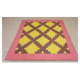1040	ANTIQUE HAND SEWN QUILT, IRISH CHAIN PATTERN W/RED BORDER, APPROXIMATELY 6 FT 3 IN X 6 FT 3 IN
