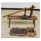 1047	PRIMITIVE LOT, SPLAY LEG BENCH W/PRESS & SLAW CUTTER
