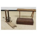 1050	PRIMITIVE LOT, BEAM POST DRILL, TOOL BOX & SPLAY LEG BENCH, BENCH APPROXIMATELY 41 IN X 10 IN X