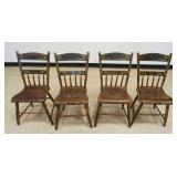 1053	SET OF 4 ANTIQUE COUNTRY HALF BACK PLANK BOTTOM CHAIRS, PAINT DECORATED