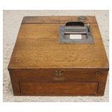 1056	OAK COUNTRY STORE COUNTER CASH TILL BOX W/INKWELL, APPROXIMATELY 18 IN X 20 IN X 9 IN HIGH