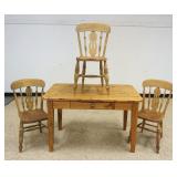 1057	COUNTRY SCRUB PINE TABLE W/ONE DRAWER & 3 CHAIRS, APPROXIMATELY 29 IN X 48 IN X 30 IN