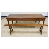 1062	ANTIQUE COUNTRY FARM TABLE, POSSIBLY CHERRY W/BREADBOARD TOP W/DRAWER & PULL OUT SURFACE, 2 SPL