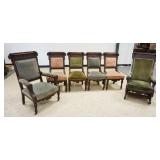 1078	VICTORIAN WALNUT 6 PIECE PARLOR SET, 4 SIDE CHAIRS, ONE ARMCHAIR & ONE PLATFORM ROCKER, UPHOLST