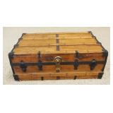 1082	ANTIQUE WOOD & METAL STORAGE TRUNK W/LEATHER HANDLE SIDES, APPROXIMATELY 22 IN X 36 IN X 14 IN 