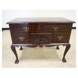 1084	MAHOGANY 5 DRAWER QUEEN ANNE STYLE LOW BOY, BALL & CLAW FOOT W/CENTER SHELL CARVED DRAWER, APPR