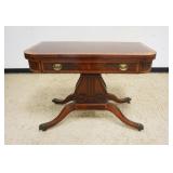 1091	MAHOGANY FLIP TOP EXTENSION GAME TABLE, TOP HAS WEAR TO FINISH, BASE NEEDS RESTORATION, OPEN AP