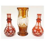 1122	LOT OF CRANBERRY & AMBER CUT TO CLEAR VASE & DECANTORS, LARGEST APPROXIMATELY 8 1/4 IN HIGH