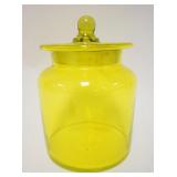 1123	LARGE VASELINE GLASS COVERED APOTHECARY JAR, APPROXIMATELY 7 IN X 10 1/2 IN HIGH