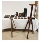 1130	LOT OF ANTIQUE CAMERAS INCLUDING BOX CAMERAS & TRIPODS