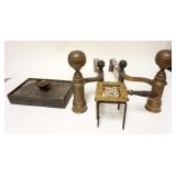 1145	PRIMITIVE LOT INCLUDING MINIATURE BRASS ANDIRONS, TRIVET, ETC