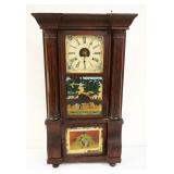 1155	ANTIQUE OGEE HALF COLUMN SCROLL CLOCK F MICHAEL CLOCK MAKER, PAINT LOSS ON GLASS, APPROXIMATELY