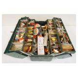 1161	VINTAGE FISHING TACKLE, LURES & REELS IN METAL TACKLE BOX, LOADED!