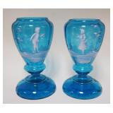 1185	PAIR OF HAND PAINTED MARY GREGORY LARGE VASES, ONE W/RIM CHIP, APPROXIMATELY 12 1/2 IN HIGH