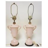 1199	PAIR OF POTTERY DOUBLE HANDLED TABLE LAMPS, URN SHAPED, APPROXIMATELY 28 IN HIGH