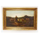 1003	ANTIQUE OIL PAINTING ON CANVAS OF WOMAN IN FIELD W/SHEEP, ARTIST SIGNED LOWER LEFT, APPROXIMATE