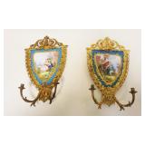 1007	ANTIQUE GILT BRASS & TILE WALL SCONCES, APPROXIMATELY 14 IN HIGH