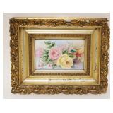 1008	ANTIQUE HAND PAINTED TILE OF FLOWERS IN GILT FRAME, ARTIST SIGNED & DATED, LOSS TO FRAME, APPRO