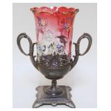1013	VICTORIAN CRANBERRY & ENAMEL DECORATED SPOONER IN METAL HOLDER, APPROXIMATELY 8 IN HIGH