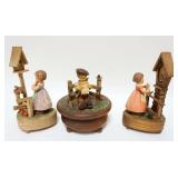 1020	LOT OF 3 SWISS WOOD FIGURAL MUSIC BOXES, TALLEST APPROXIMATELY 9 1/2 IN