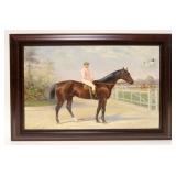 1023	ANTIQUE OIL PAINTING ON CANVAS JOCKEY ON HORSE SIGNED J GRANT 92 NISUS, DAMAGE TO CANVAS TOP RI