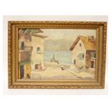 1024	OIL PAINTING ON BOARD VILLAGE SHORE SCENE, SIGNED & DATED LOWER RIGHT, APPROXIMATELY 20 IN X 24