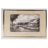 1044	ARTIST SIGNED ENGRAVING COTTAGE ALONG STREAM, APPROXIMATELY 12 1/2 IN X 16 1/2 IN OVERALL