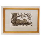 1046	WOODBLOCK PRINT OF OWLS IN A NEST SIGNED ARTHUR SHOEMAKER NO 3 /25, APPROXIMATELY 10 IN X 12 IN