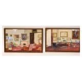1050	PAIR OF ARTIST SIGNED WATERCOLORS INTERIORS, APPROXIMATELY 9 IN X 13 IN OVERALL