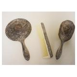 1053	3 PIECE VICTORIAN SILVER PLATE DRESSER SET, MIRROR, BRUSH & COMB
