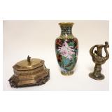 1059	LOT OF ASSORTED METAL ITEMS INCLUDING CLOISONNE VASE, COVERED OCTAGONAL BOX & CANDLESTICK
