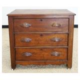 1087	WALNUT VICTORIAN 3 DRAWER CHEST W/LEAF CARVED PULLS, APPROXIMATELY 30 IN X 16 IN X 31 IN HIGH