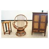 1121	FURNITURE LOT INCLUDING BENTWOOD SWIVEL ARM CHAIR, REEDED 2 DOOR 2 DRAWER CABINET & STAND