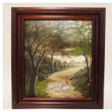 1144	OIL PAINTING ON BOARD FORREST W/SHEEP, SOME PAINT LOSS, APPROXIMATELY 22 IN X 26 IN OVERALL