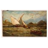 1145	ANTIQUE OIL PAINTING ON CANVAS SHIPS AT SEA DURING A STORM, DAMAGE TO CANVAS & PAINT LOSS, APPR