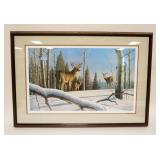 1147	GARY SORRELS SIGNED & NUMBERED PRINT OF DEER IN SNOW COVERED FORREST, 55/600, APPROXIMATELY 33 