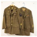 1171	2 US ARMY WWII ENLISTED SERVICE WINTER JACKETS W/PINS & PATCHES, SIZE 35R & 37 R, COMES W/HAT, 