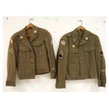 1174	2 US ARMY IKE FIELD JACKETS BOTH HAVE PINS & PATCHES, SIZE 34R & 36R, ONE HAS SMALL PIN HOLES I