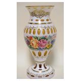 1230	OUTSTANDING FLORAL PAINT DECORATED VASE, AMBER CUT, APPROXIMATELY 17 IN HIGH