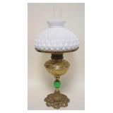 1234	VICTORIAN BRASS PARLOR LAMP WITH MILK GLASS SHADE AND ONYX BALL CENTER, LAMP ELECTRIFIED, APPRO