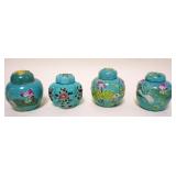 1238	4 ASIAN POTTERY COVERED JARS, APPROXIMATELY 4 1/2 IN HIGH